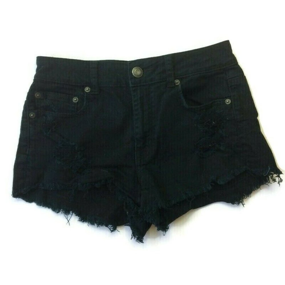 American Eagle Women's Hi-Rise Festival Jean Denim Shorts Sz 4 Black Distressed